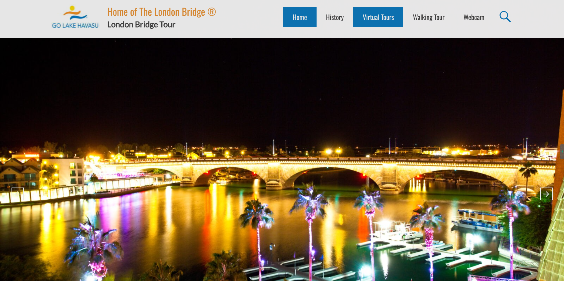 London Bridge Tour homepage at night in Lake Havasu City